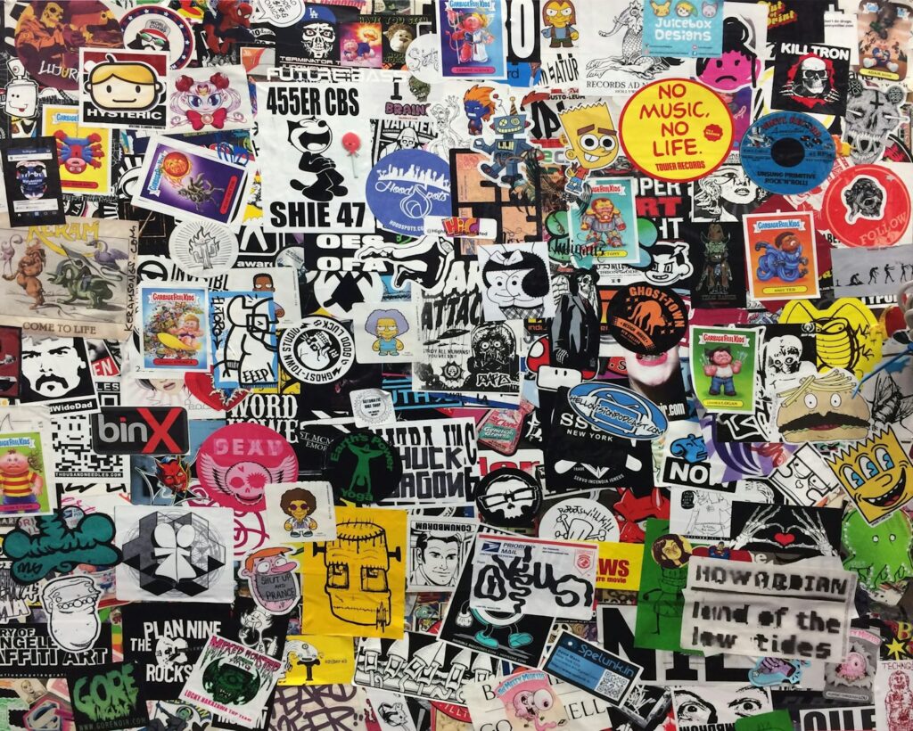 Photo assorted stickers on white wall