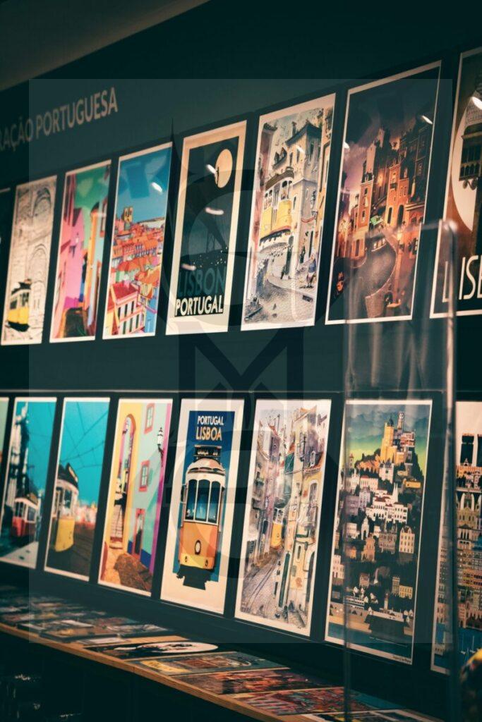 Vibrant Lisbon cityscape posters on display, capturing the essence of Portugal's capital city and artistic culture.